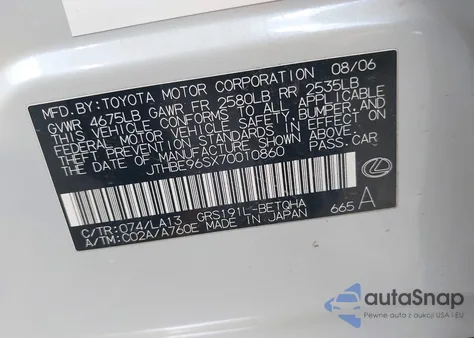 2007 Lexus Gs 350 from USA, damaged, VIN JTHBE96SX70010860